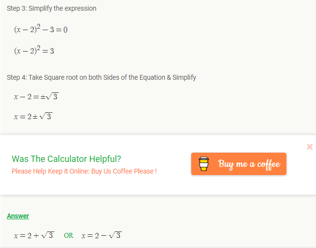 Worked complete square example